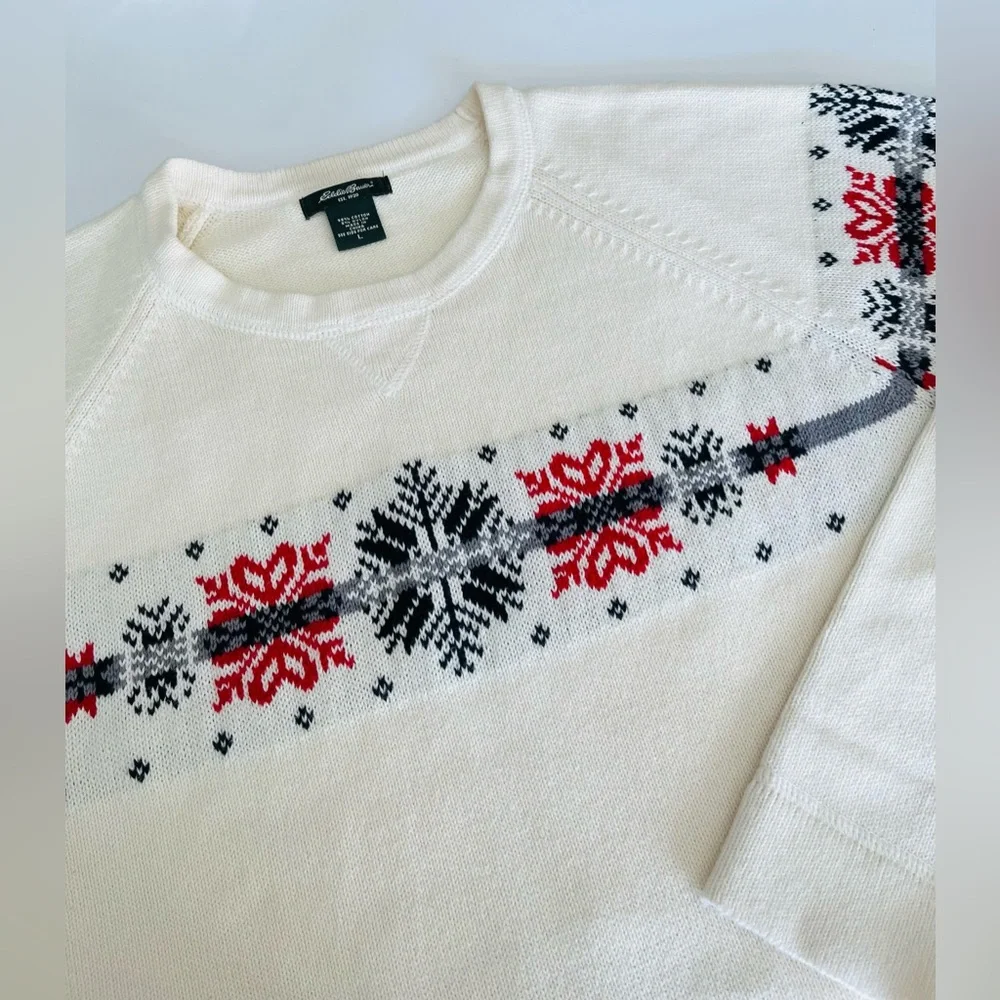 EDDIE BAUER Sweater Pullover NORDIC Snowflake Legend COTTON Blend Crew Neck LRG - Picture 3 of 10